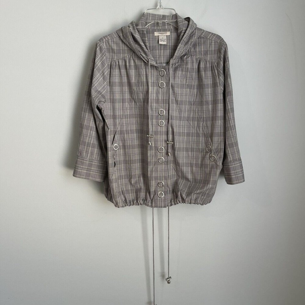 Vertigo Paris Gray Plaid Snap Front Hooded Jacket